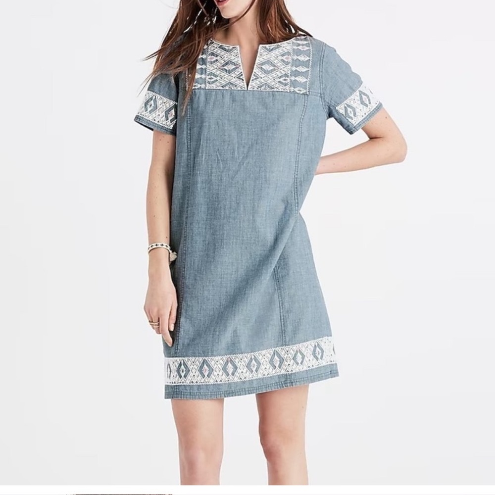 Madewell embroidered chambray mini short sleeve dress white yellow red